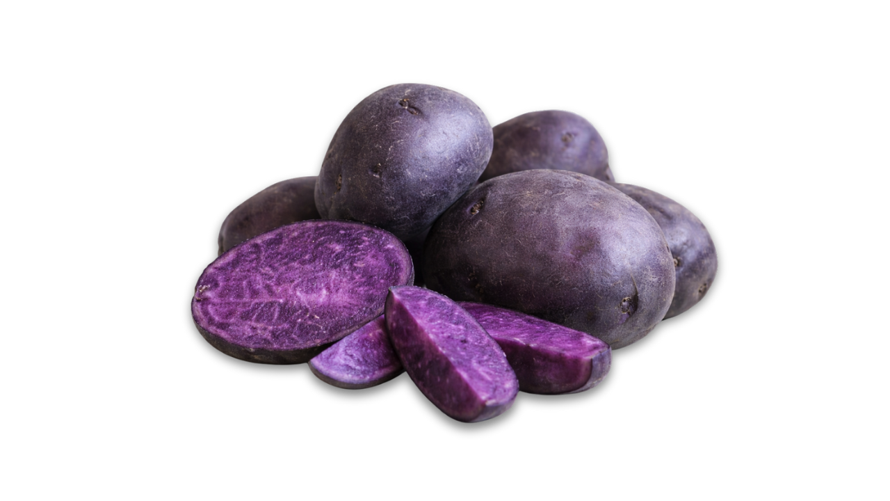 Purple majesty potatoes with a few sliced